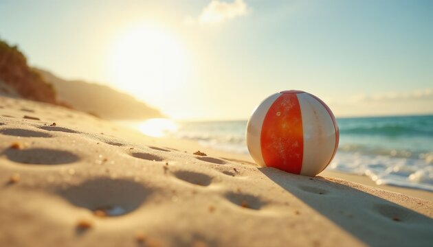 Red and white beach ball on sandy beach with peaceful mood at sunset