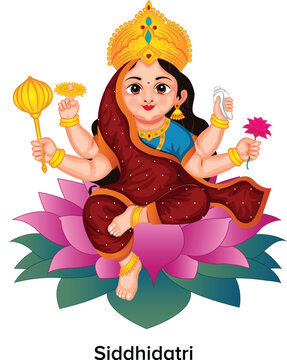 Maa Siddhidatri Worship on the Seventh Day of Navratri Character Vector Illustration