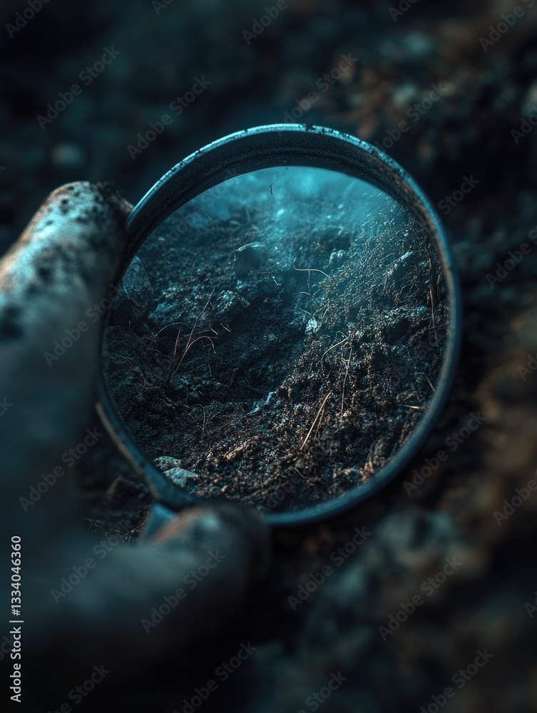 Poster a close-up view of a magnifying lens lying on the ground, useful for macro photography and detective