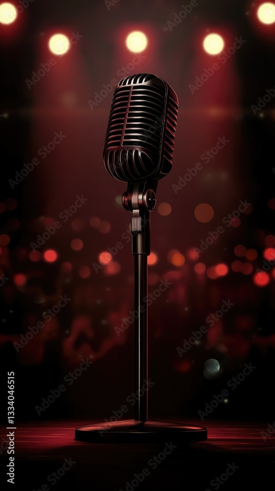 Poster a microphone on a stand surrounded by colorful lights, perfect for music or performance settings