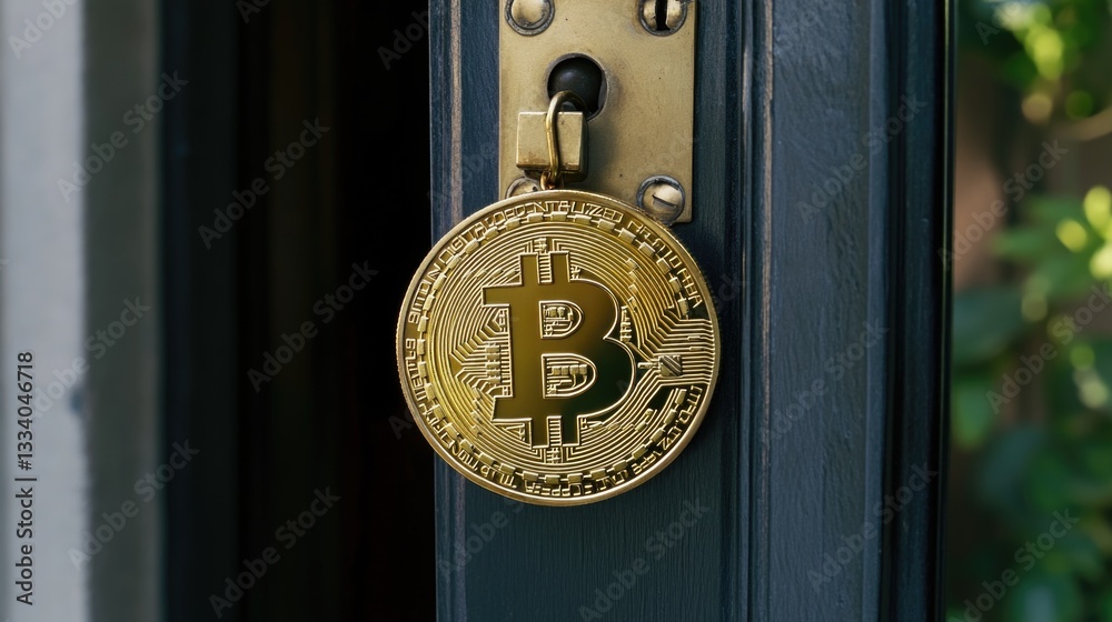 Poster a bitcoin coin placed on the door handle of a door, possibly a symbol of wealth or a message