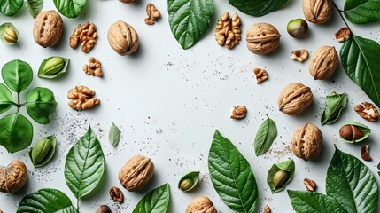 Walnuts and leaves on white background