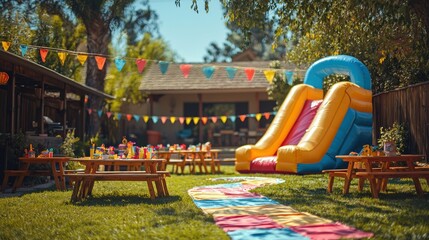 Backyard bouncy castle birthday party setup