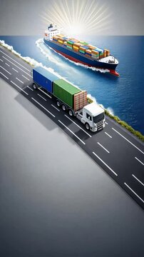 A truck, cargo ship and plane on the road with an ocean behind them, representing efficient global operations, multimodal transportation, and global supply chain management