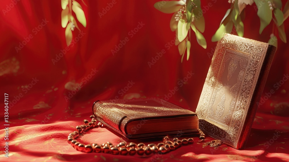 Poster a book bound in leather with a metal chain wrapped around it, placed on a red cloth