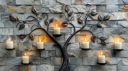 White Brick Stone Wall with Black Steel Candlest