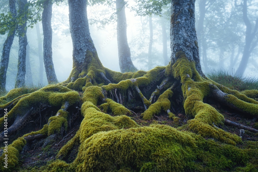 Poster A large tree trunk covered with green moss in a dense forest environment