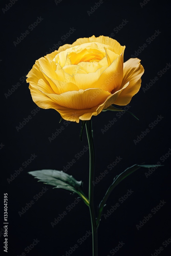 Poster a solitary yellow rose on a stem against a dark background, perfect for use in designs and compositi