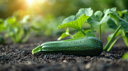 Zucchini grows on a patch of land with copy space