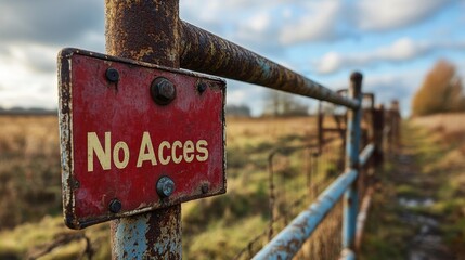 Rural Scene with No Access Sign on Old Metal Gate. Generative AI