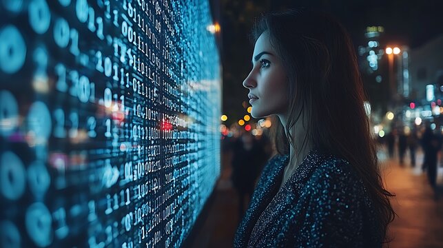 Woman gazing at digital information displayed on a screen at night