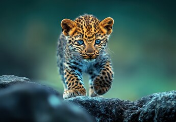 Obraz premium Playful baby leopard cub walking on rocky terrain, showcasing vibrant fur patterns and captivating blue eyes in a natural environment, exuding curiosity and charm.