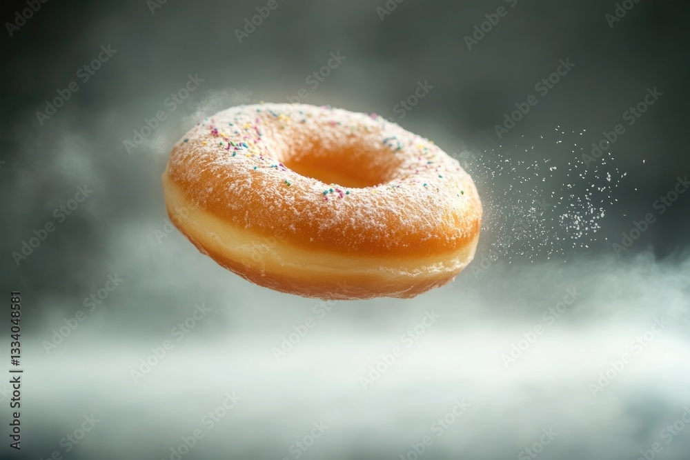 Poster a colorful donut with sprinkles suspended in mid-air, perfect for adding whimsy to any design