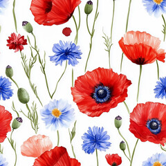 Obraz premium Watercolor beautiful poppies and cornflowers seamless pattern