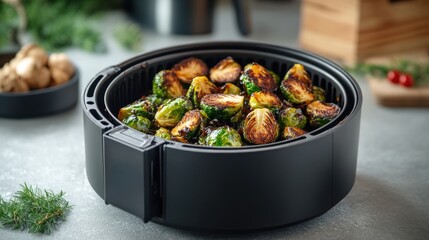 Crispy Roasted Brussels Sprouts in Air Fryer with Fresh Herbs and Spices on a Modern Kitchen Counter