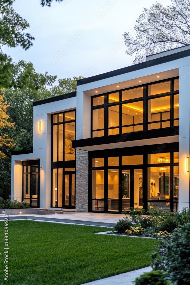 Poster a modern house with many windows, suitable for use in real estate or architecture designs