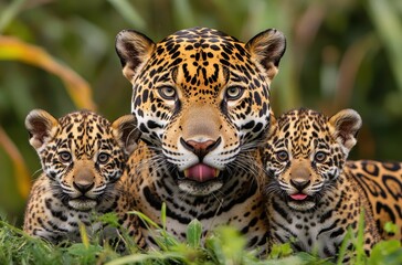 Obraz premium Playful jaguar mother with her two adorable cubs in lush green habitat, showcasing their vibrant fur patterns and playful expressions under warm sunlight