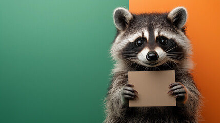 Obraz premium Smiling raccoon on green orange background holds a rectangular piece of paper 