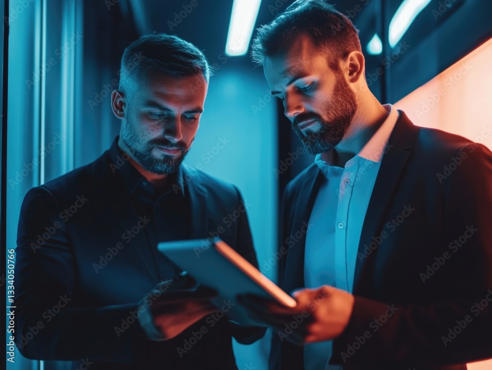 Poster two individuals reviewing digital content on a portable device