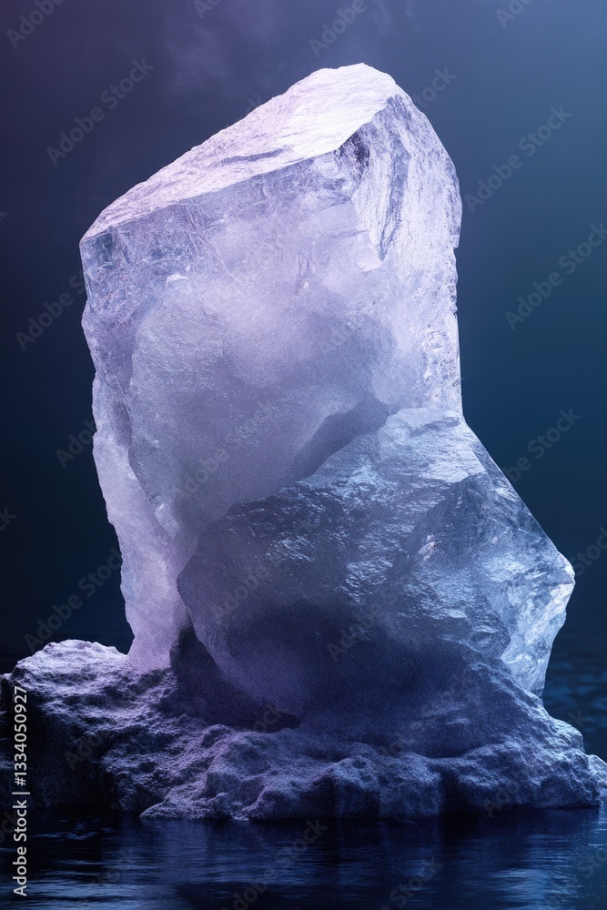 Poster A large chunk of ice floating on the surface of a calm body of water, with possible uses in editorial or commercial contexts