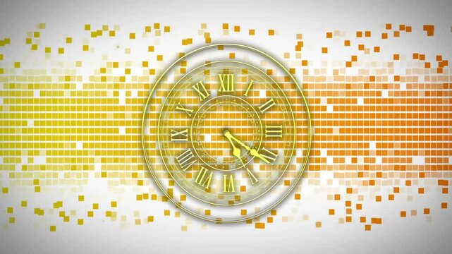 Animation of golden clock face with Roman numerals on digital orange background