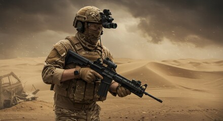 Fototapeta premium Soldier in tactical gear with night vision goggles standing in desert sandstorm. Military personnel equipped with assault rifle on desert battlefield with destroyed vehicle in background.