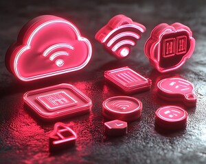 Neon red glowing digital interface icons representing cloud computing features