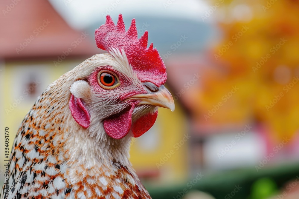 Poster a close-up shot of a chicken's head with a house visible in the background, suitable for use in agri