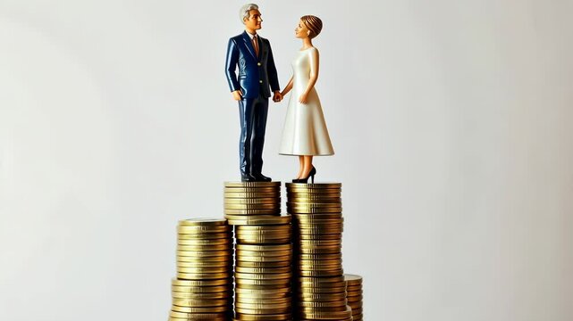 Couple on top of coins represents financial prosperity and love during marriage in a modern setting