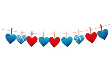 hearts hanging on clothesline on transparent background