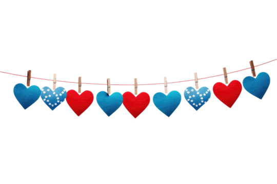 hearts hanging on clothesline on transparent background