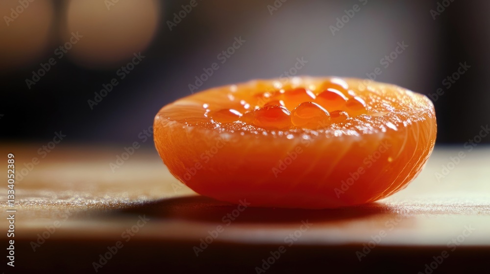 Poster a close-up view of an orange sitting on a table, ready to be eaten or used in a recipe