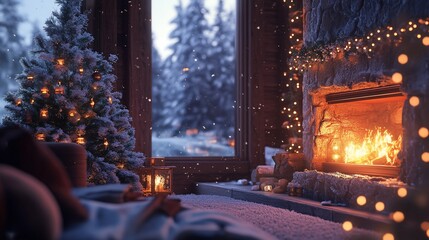 Obraz premium A cozy winter evening scene with a fireplace, Christmas tree and falling snow outside the window