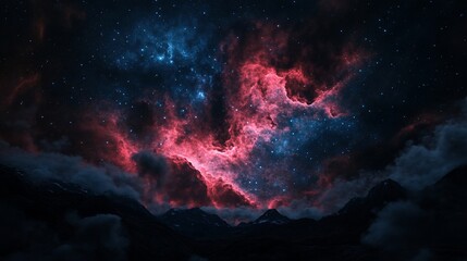 Naklejka premium Night sky ablaze with fiery nebulae over a mountain range. Distant celestial spectacle