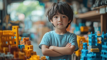 Boy Posing Arms Crossed Amidst Toy Blocks in Shop