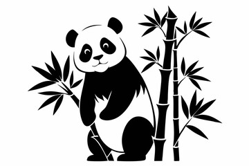 panda on bamboo line art silhouette vector illustration