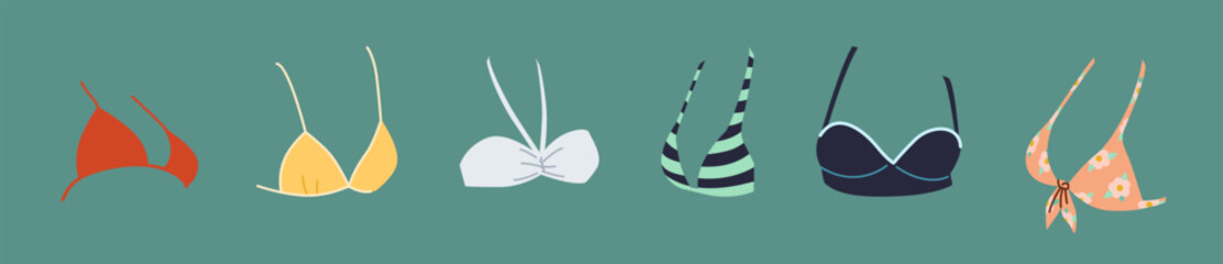Illustration shows six distinct bikini tops in various styles and colors on a teal background, highlighting diversity in swimwear designs and fashion trends.