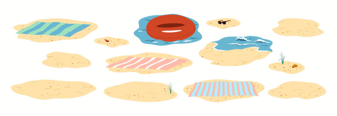 Illustration of a beach scene featuring colorful towels on sand patches with various beach items such as sunglasses, inflatable ring, and shells in a minimal style.