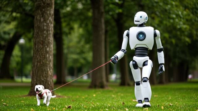 Humanoid robot walking a real dog in a park, symbolizing AI integration into daily pet care and companionship. AI-assisted living, robotic assistance, future lifestyle.