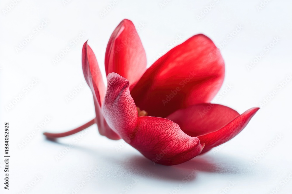 Poster close-up shot of a single red flower sitting on a white surface, ideal for use in designs or as a ba