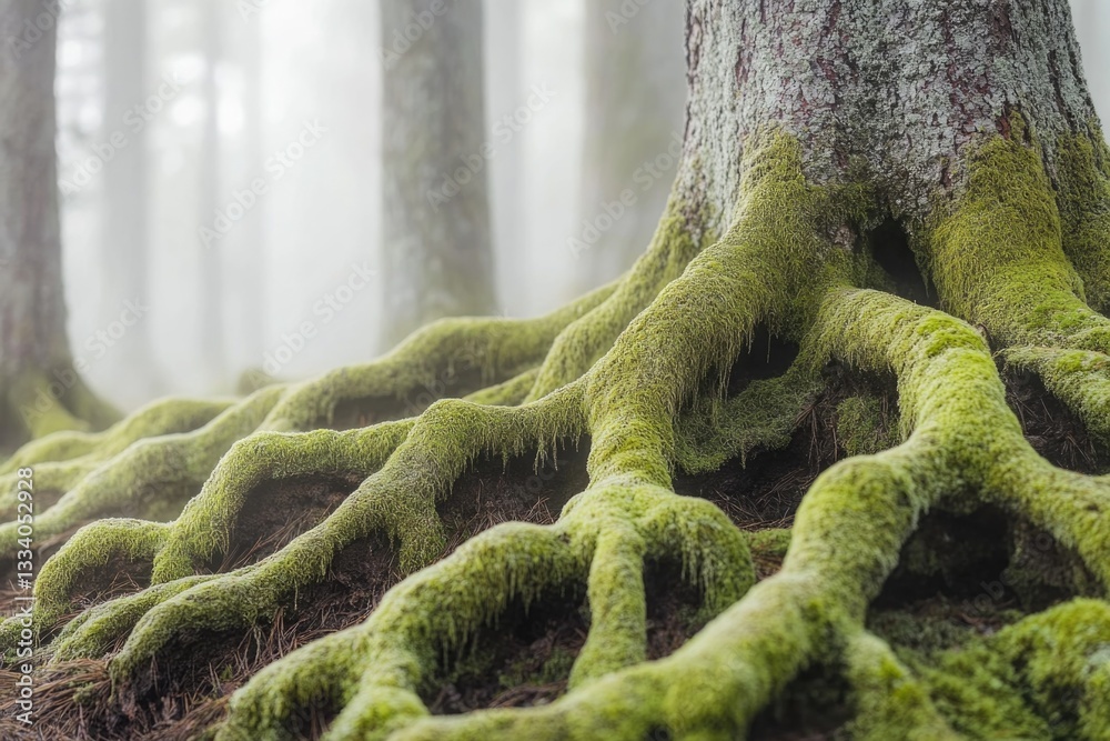 Poster Moss-covered tree trunk in a close-up shot, suitable for use as a nature-inspired background or texture