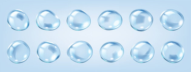 Transparent molecular bubbles realistic color icons set. Collagens skin nourishing properties 3d objects bundle on blue background
