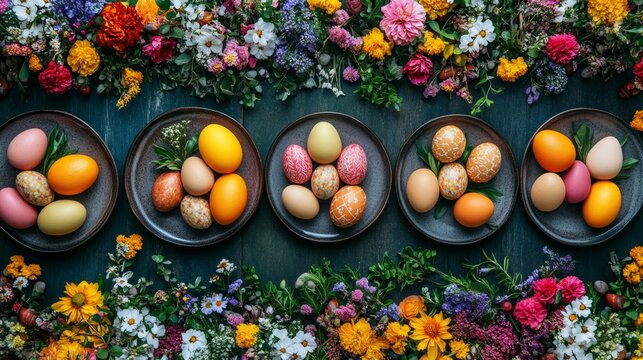 Easter table setting with fresh floral decorations in light orange and dark gray hues