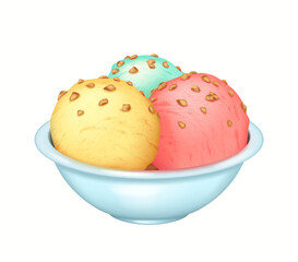 Illustration of three colorful ice cream scoops in a pastel blue bowl. The scoops are topped with small crunchy nuts, showcasing an appealing and appetizing dessert.