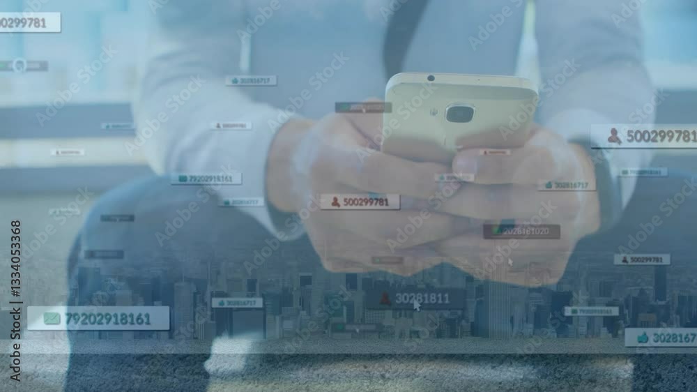 Poster using smartphone with digital data overlay on cityscape, person exploring animation