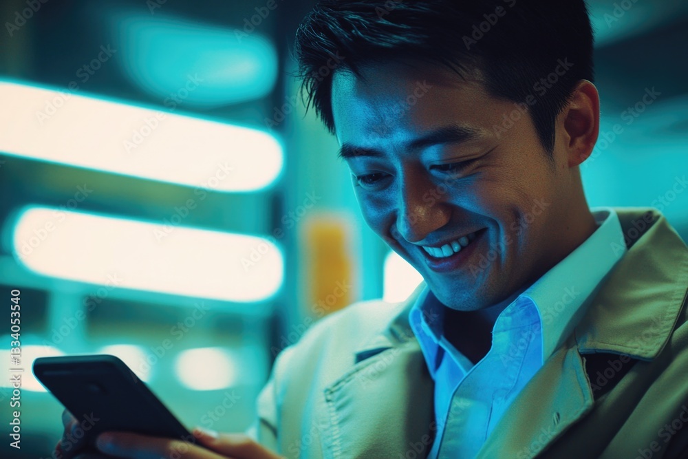 Aufkleber a person looking happy and engaged with their mobile device, possibly checking messages or browsing 