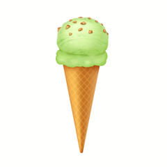 Delicious mint green ice cream scoop on a classic cone topped with crunchy nuts. Perfect for summer themes and dessert designs.
