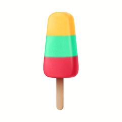 Brightly colored ice cream with three distinct layers in red, green, and yellow. The frozen dessert is presented on a simple wooden stick against a white background.