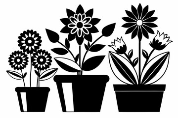 set of flower in a pot line art silhouette vector illustration