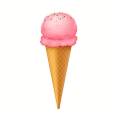 Illustration of a pink ice cream scoop with colorful sprinkles on a waffle cone, isolated on a white background, showcasing sweet dessert appeal.